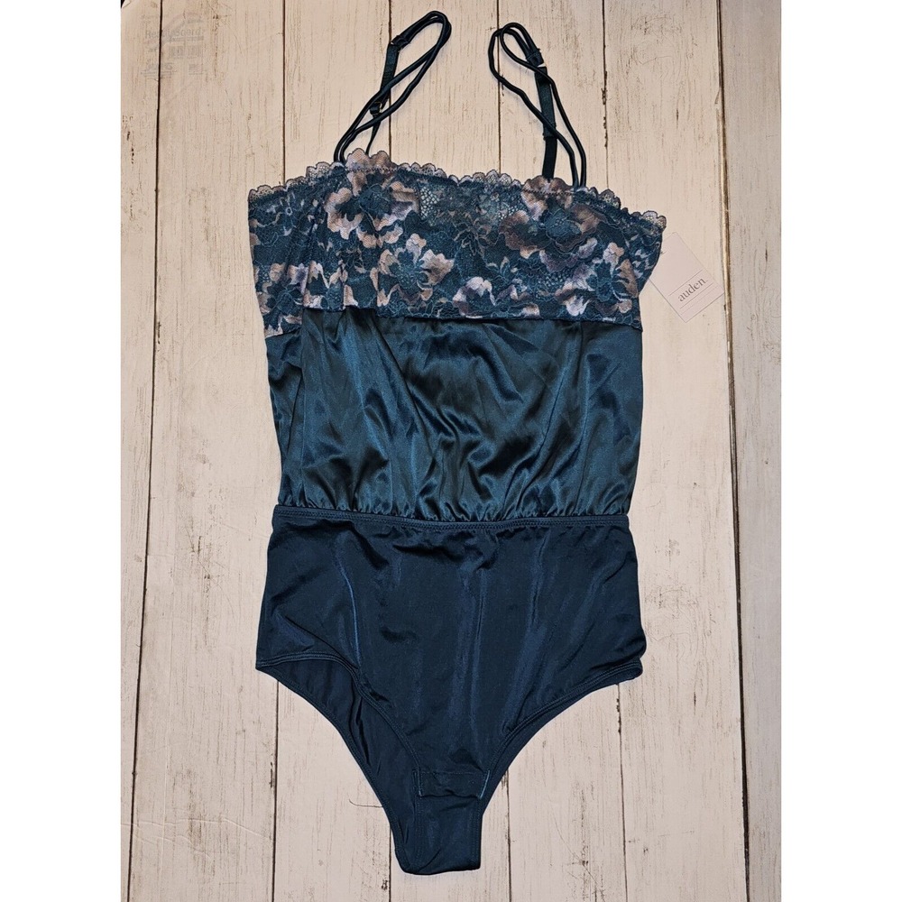 Auden Bodysuit Women XS Teal Gray Lace Silky Lingerie Square Neck Blue One Piece